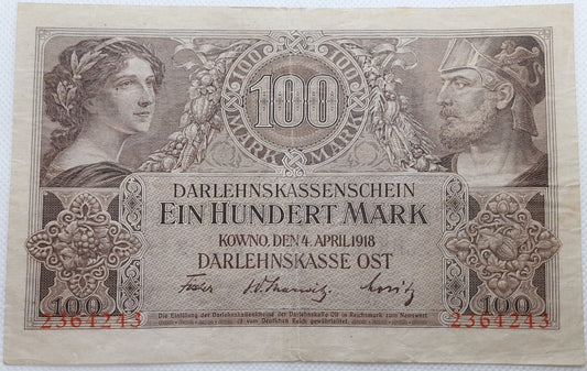 Banknot 100 marek 1918 Kowno