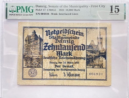Banknot 10000 marek 1923 r. PMG 15 Wolne Miasto Gdańsk